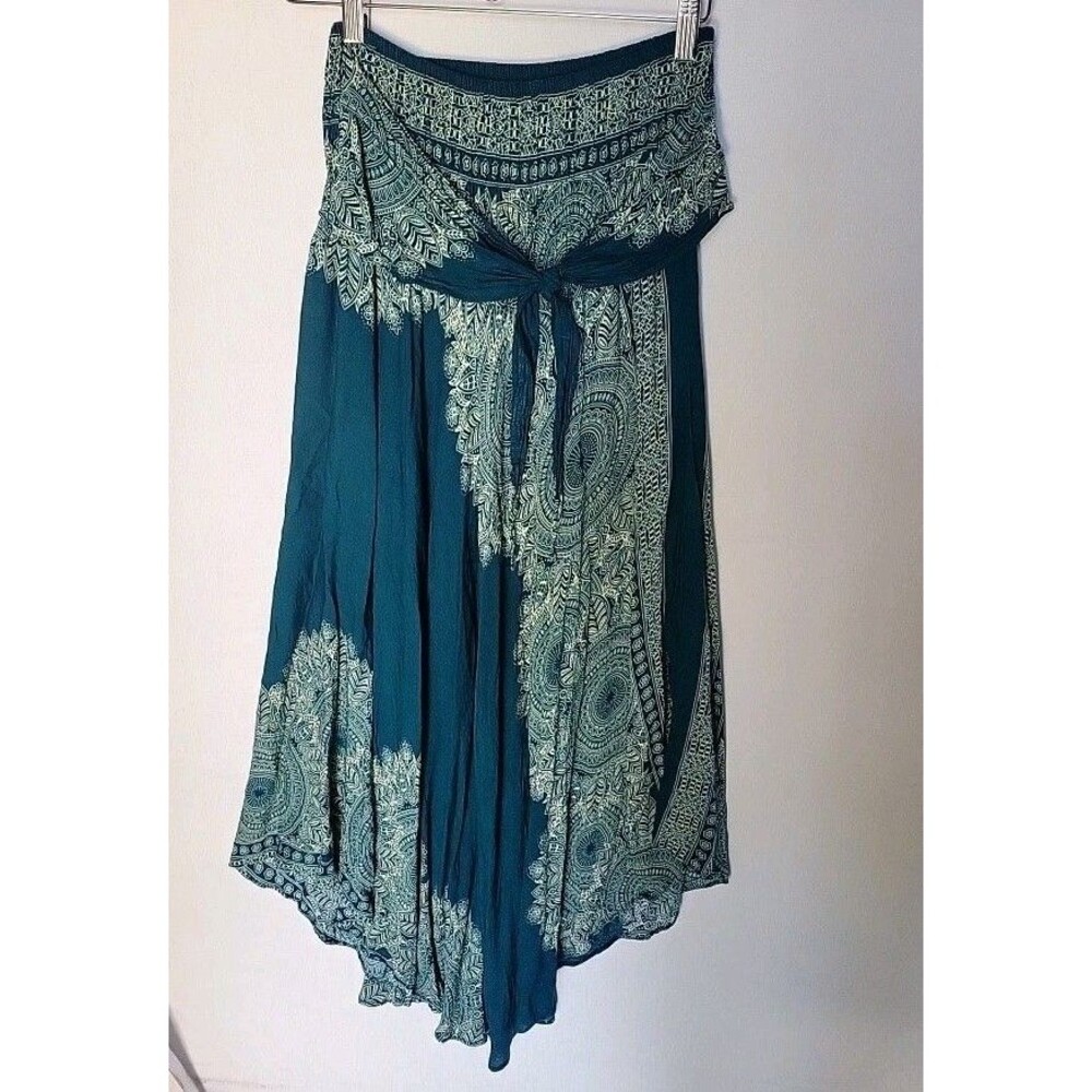 Boho Convertible Maxi Skirt or Strapless Midi Dress Smocked Green